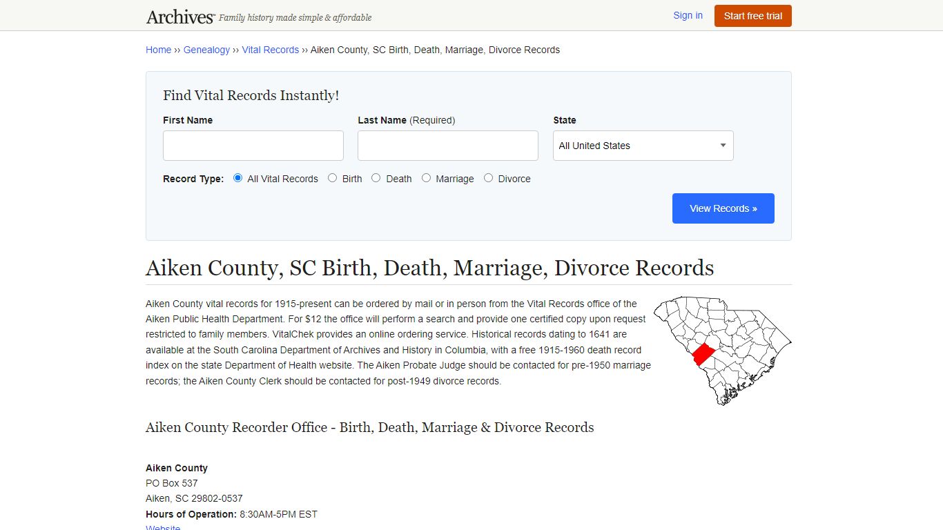 Aiken County, SC Birth, Death, Marriage, Divorce Records - Archives.com